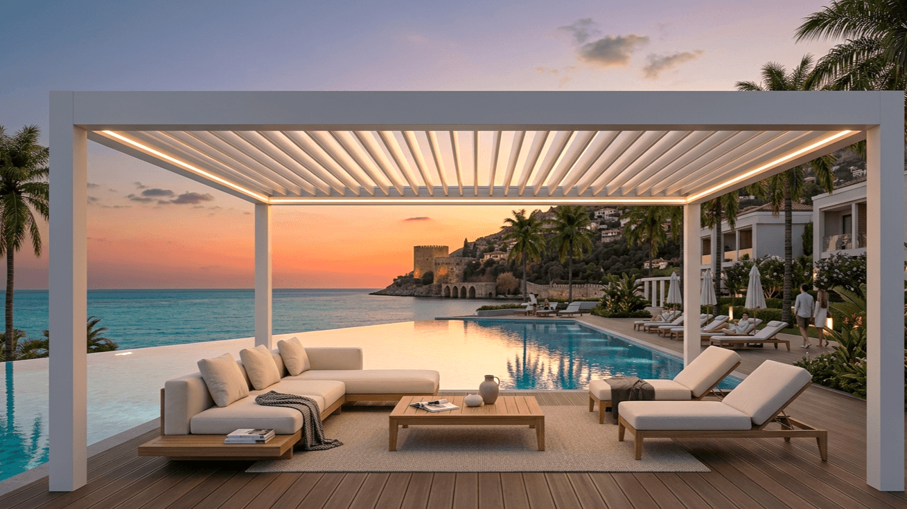 Havuz kenarında modern bioklimatik pergola